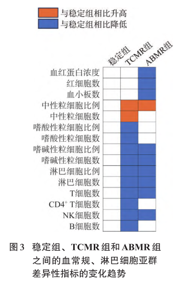 图3 稳定组、tcmr组和abmr组之间的血常规、淋巴细胞亚群差异性指标的变化趋势.png