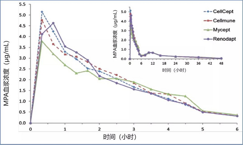 图4 四种药物 0-48 小时内的 MPA-AUC 相似，但 0-6 小时内有明显差异.jpg