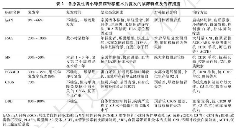 表2 各原发性肾小球疾病肾移植术后复发的临床特点及治疗措施.jpg
