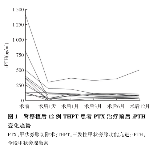 图1 肾移植后12例thpt患者ptx治疗前后ipth变化趋势.png