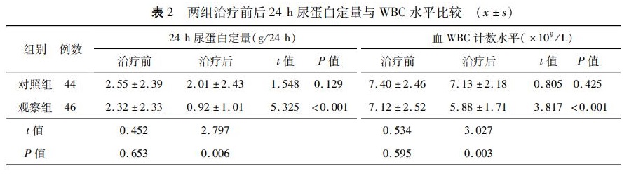 表2 两组治疗前后24h尿蛋白定量与WBC水平比较.jpg